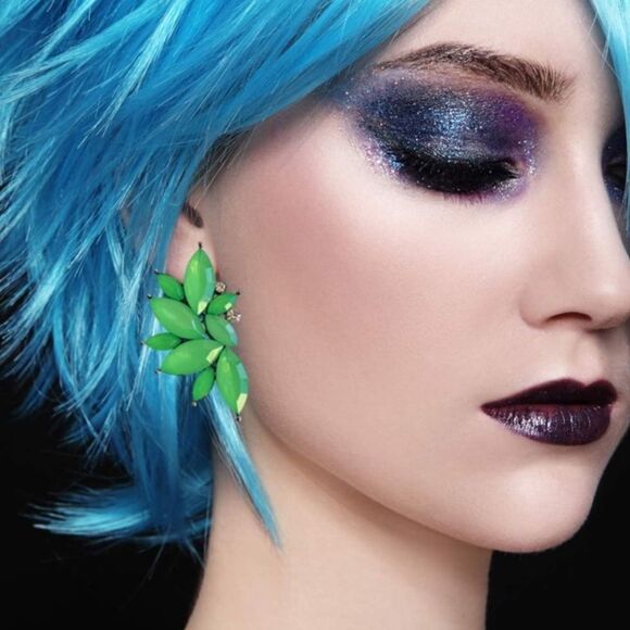 Gun Metal Black with Tropical Green Crystal 80's Punk Rock Starburst Earrings - Picture 4 of 5